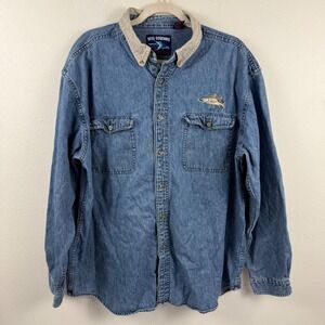 Reel Legends Mens XL Blue Denim Fishing Shirt Embroidery Elbow Patches Cotton